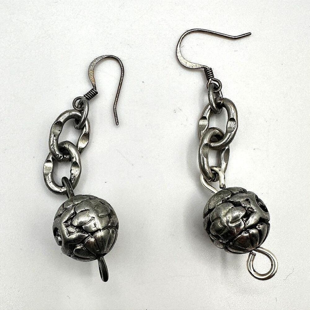 Vintage 90s SilverTone Sculpted Orb Dangle Earrings Chain Link Boho Drop Jewelry